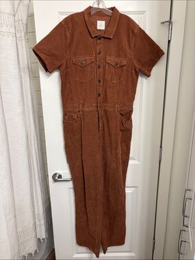 cleo Rust Brown Corduroy Short-Sleeve Jumpsuit